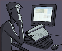 cartoon image of a person searching for scientific information on the internet while also holding open a scientific journal.