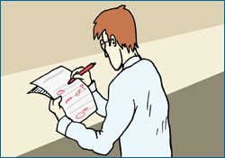 Cartoon of a scientist editing and marking up papers with a red pen.