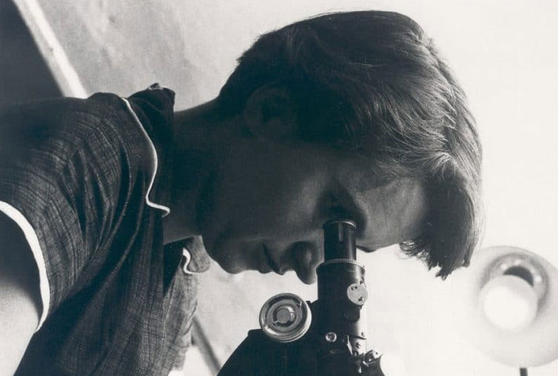 archival photo of Rosalind Franklin looking into a microscope