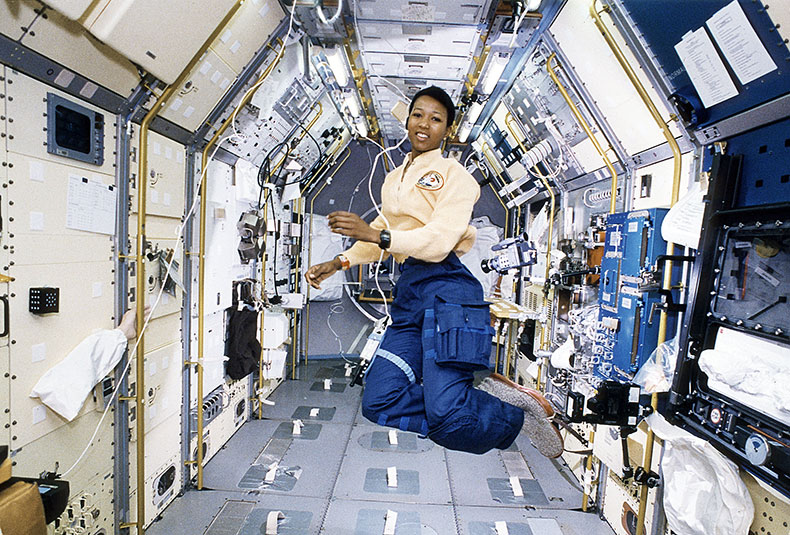 Astronaut Mae Jemison is shown floating within the Spacelab-J module